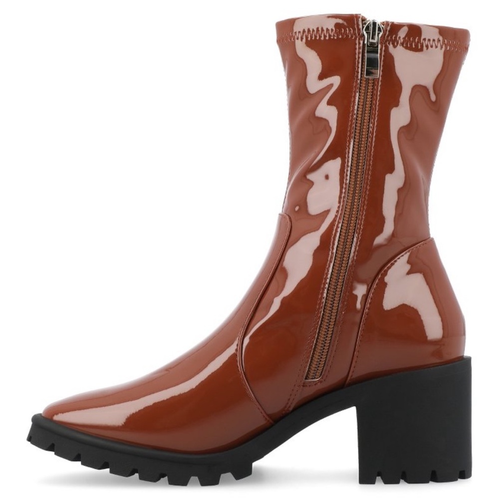 Journee Collection Brown Patent Vegan Leather Icelyn Calf Lug Boots 9.5 NWOB - Picture 2 of 15
